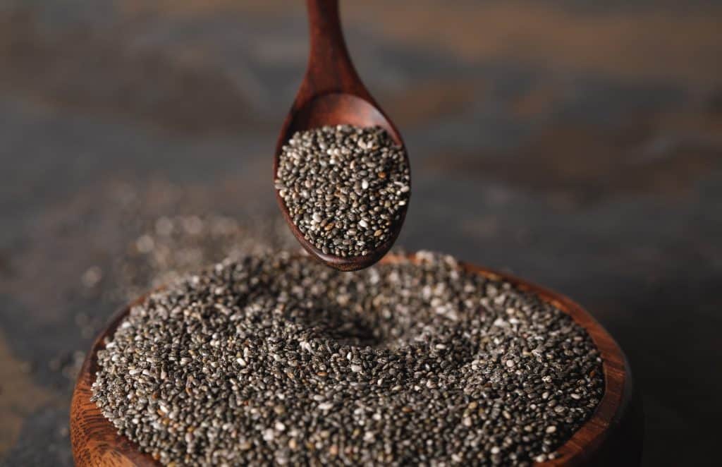 chia seeds in bowl and wooden spoon with dark background