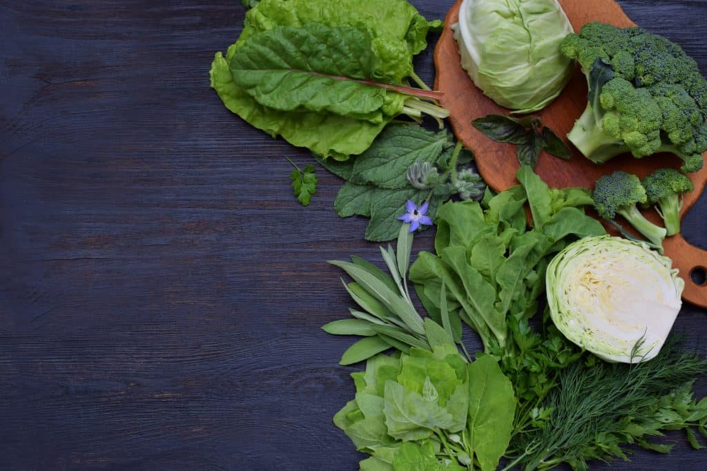 leafy green vegetables on dark background