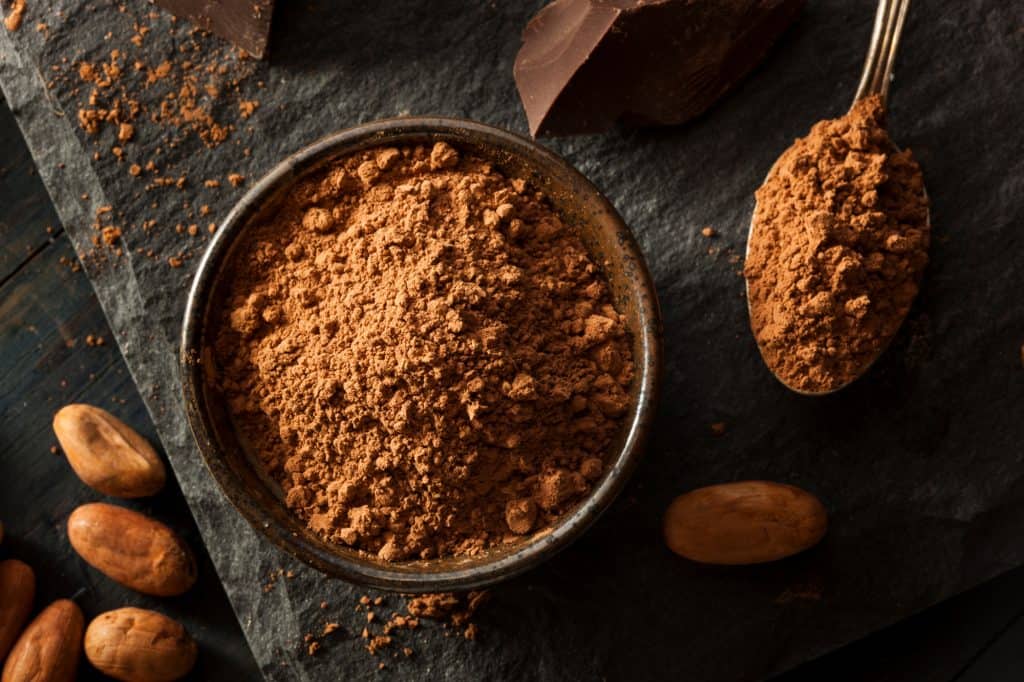 raw organic cacao powder in bowl on dark surface