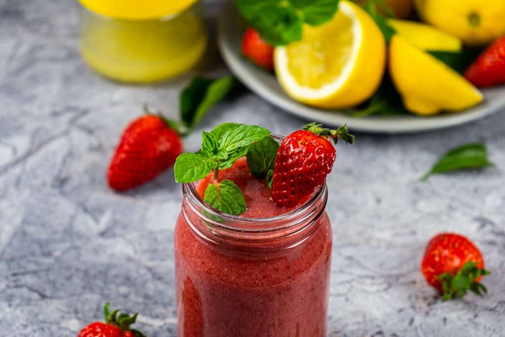 Strawberry Lemonade Smoothie garnished with mint leaves