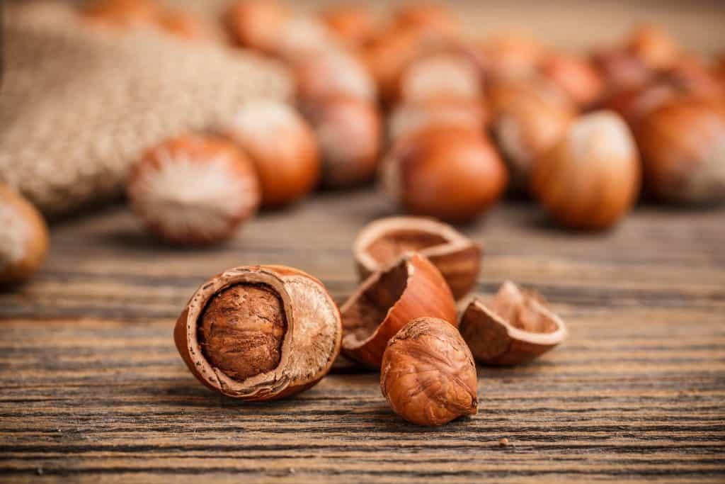 Closeup of cracked hazelnut on rustic wooden table