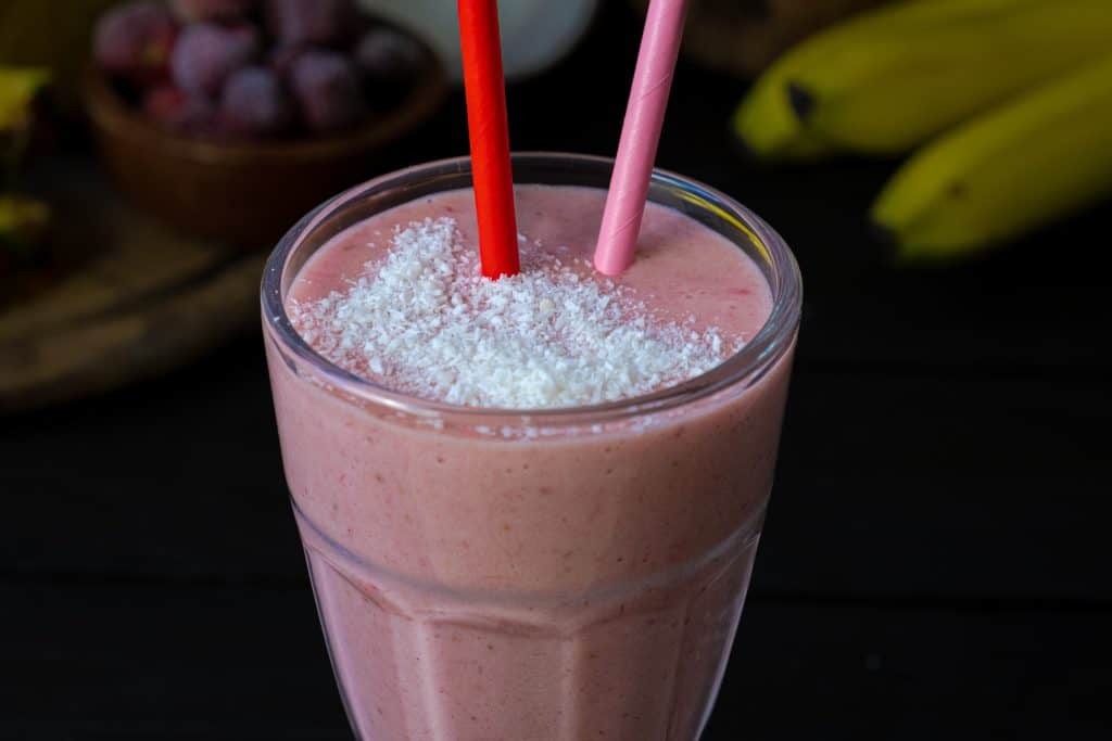 strawberry colada smoothie close up