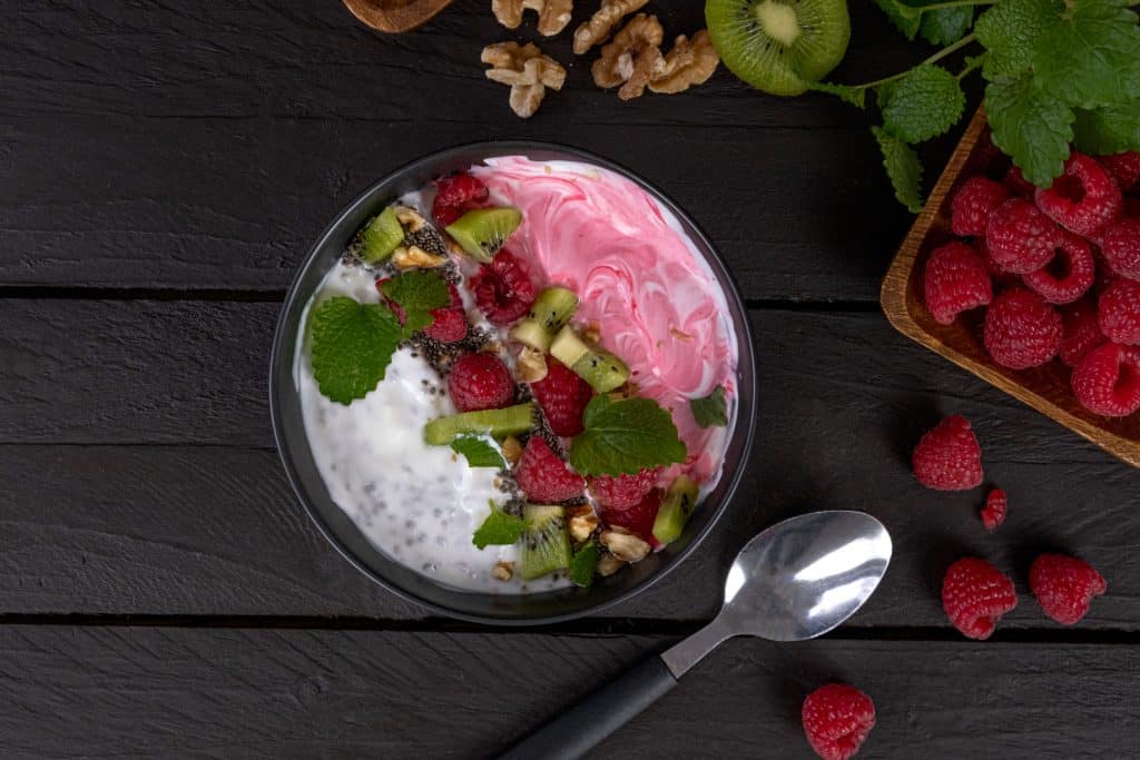 raspberry chia seed smoothie bowl top view