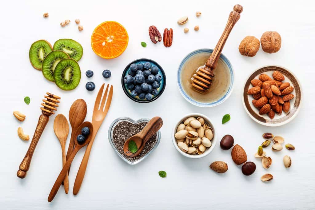 selection of healthy smoothie ingredients on white background