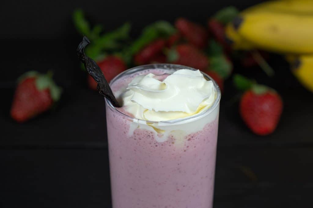 close up of our strawberry banana smoothie with ice cream