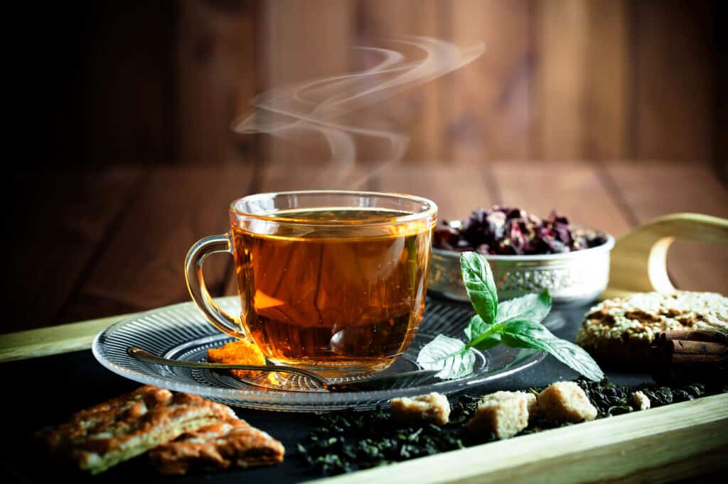 steaming cup of brewed black tea