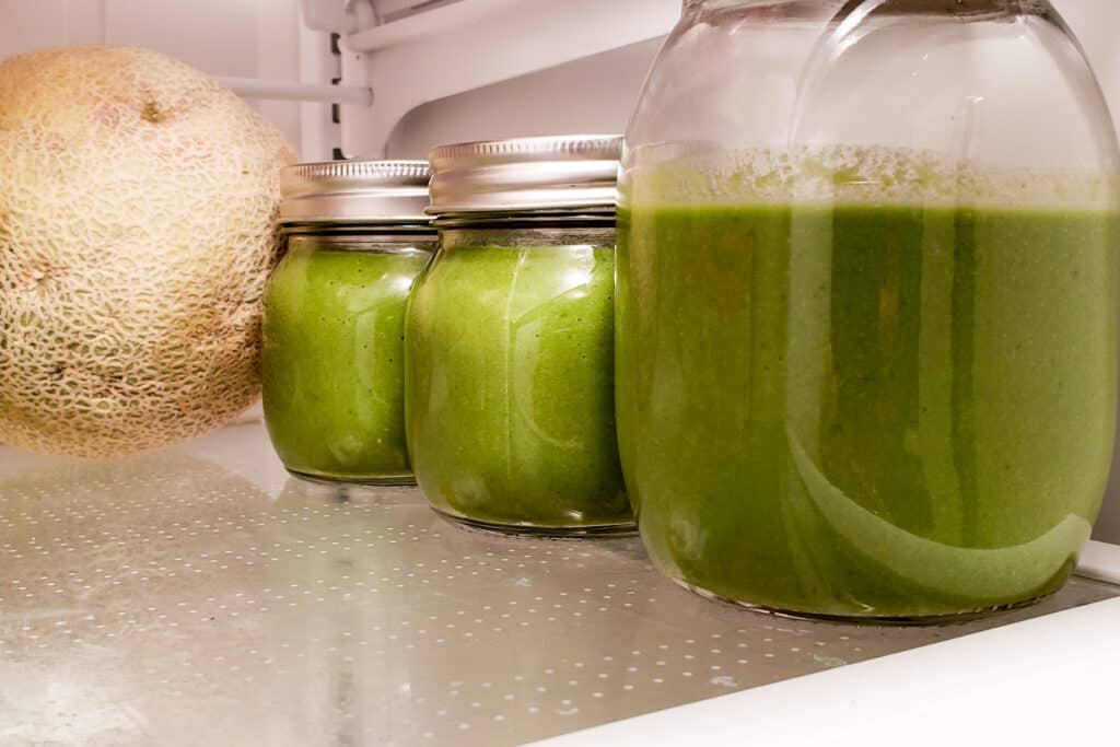 healthy green smoothies in fridge with cantaloupe