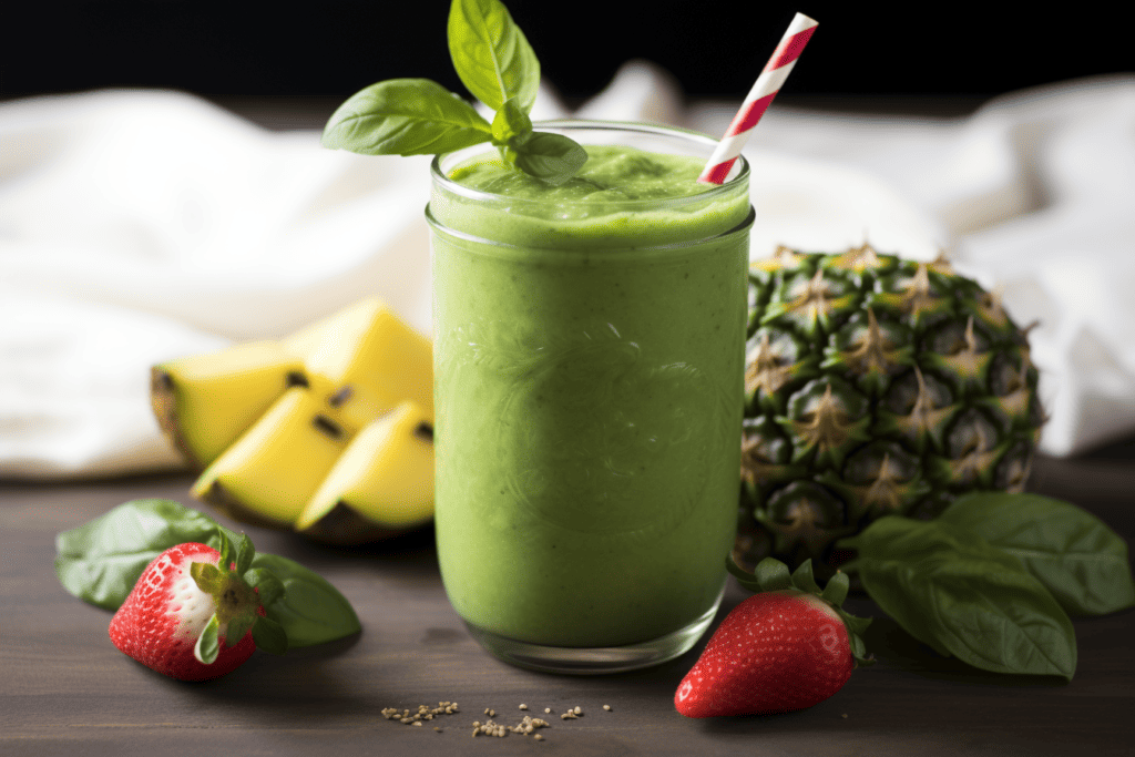 easy acid reflux smoothie in glass with ingredients surrounding