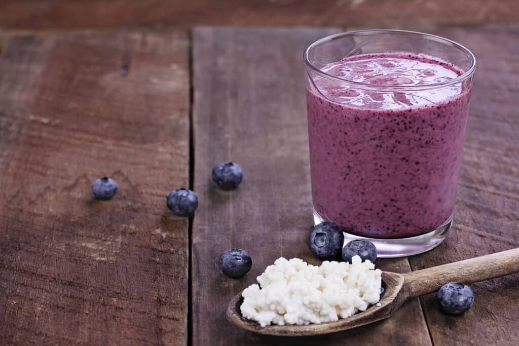 Kefir grains in wooden spoon in front of Blueberry Kefir Smoothie. Kefir is one of the top health foods available providing powerful probiotics.