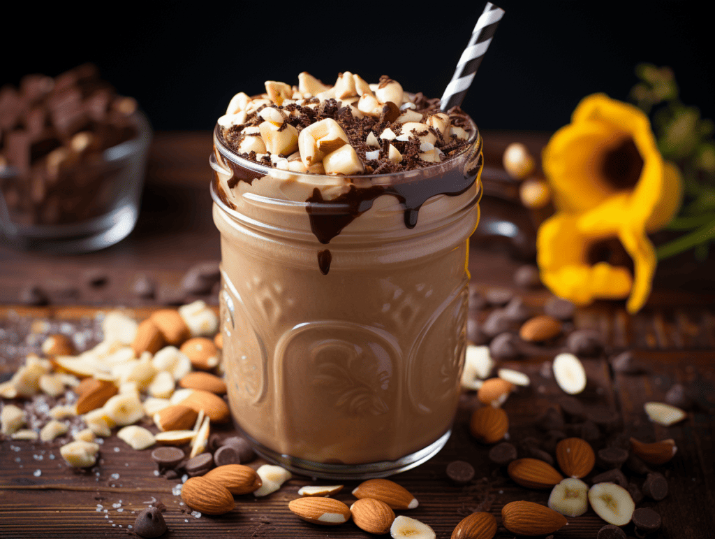 peanut butter chocolate kefir smoothie in glass with straw