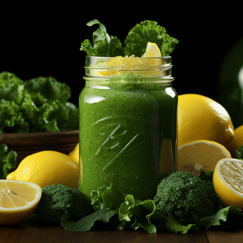 Kale Lemon Smoothie in glass with kale and lemon surounding