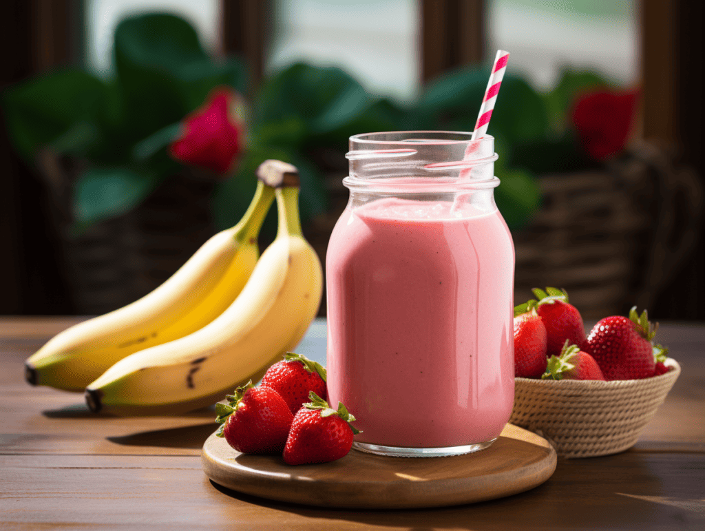 strawberry banana kefir smoothie for gut health on table with fruit