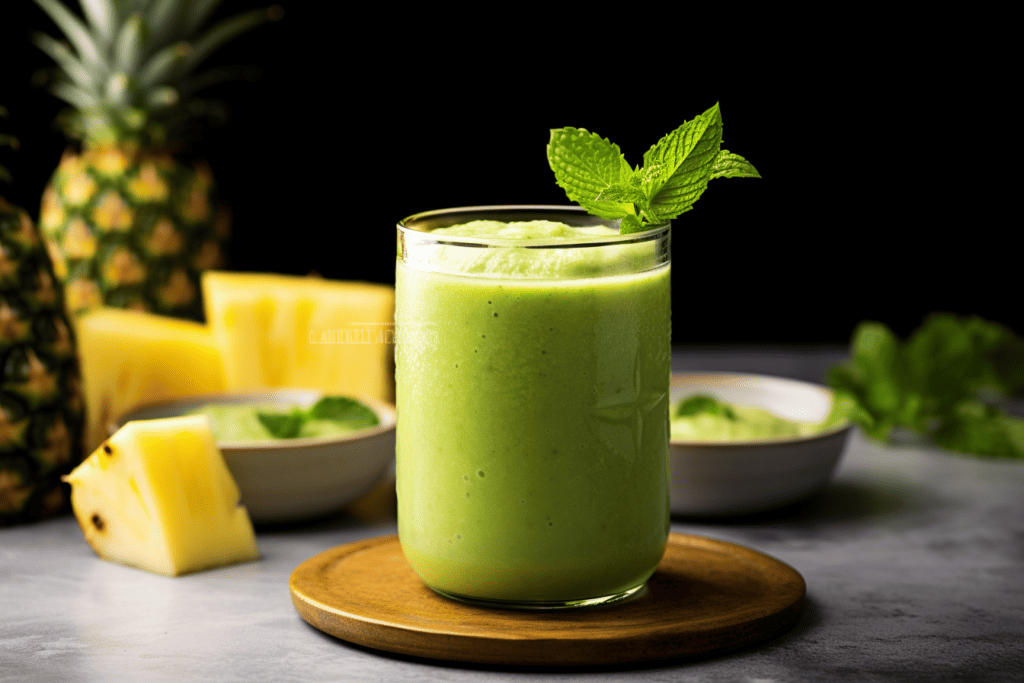 pineapple mint smoothie in glass on wooden table