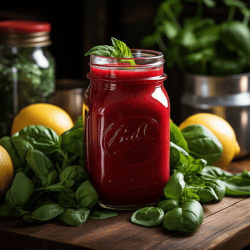 Spinach Tomato Smoothie in Jar with ingredients on table