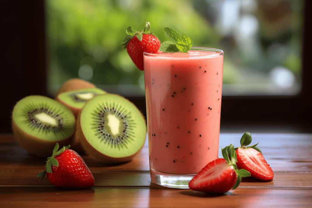 glass of strawberry kiwi smoothie without yogurt on a wooden table with strawberries and kiwis