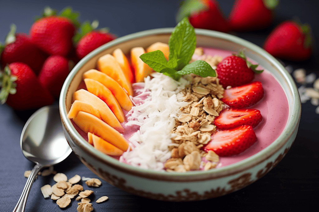 strawberry peach smoothie bowl with fresh fruit, granola and coconut flake toppings